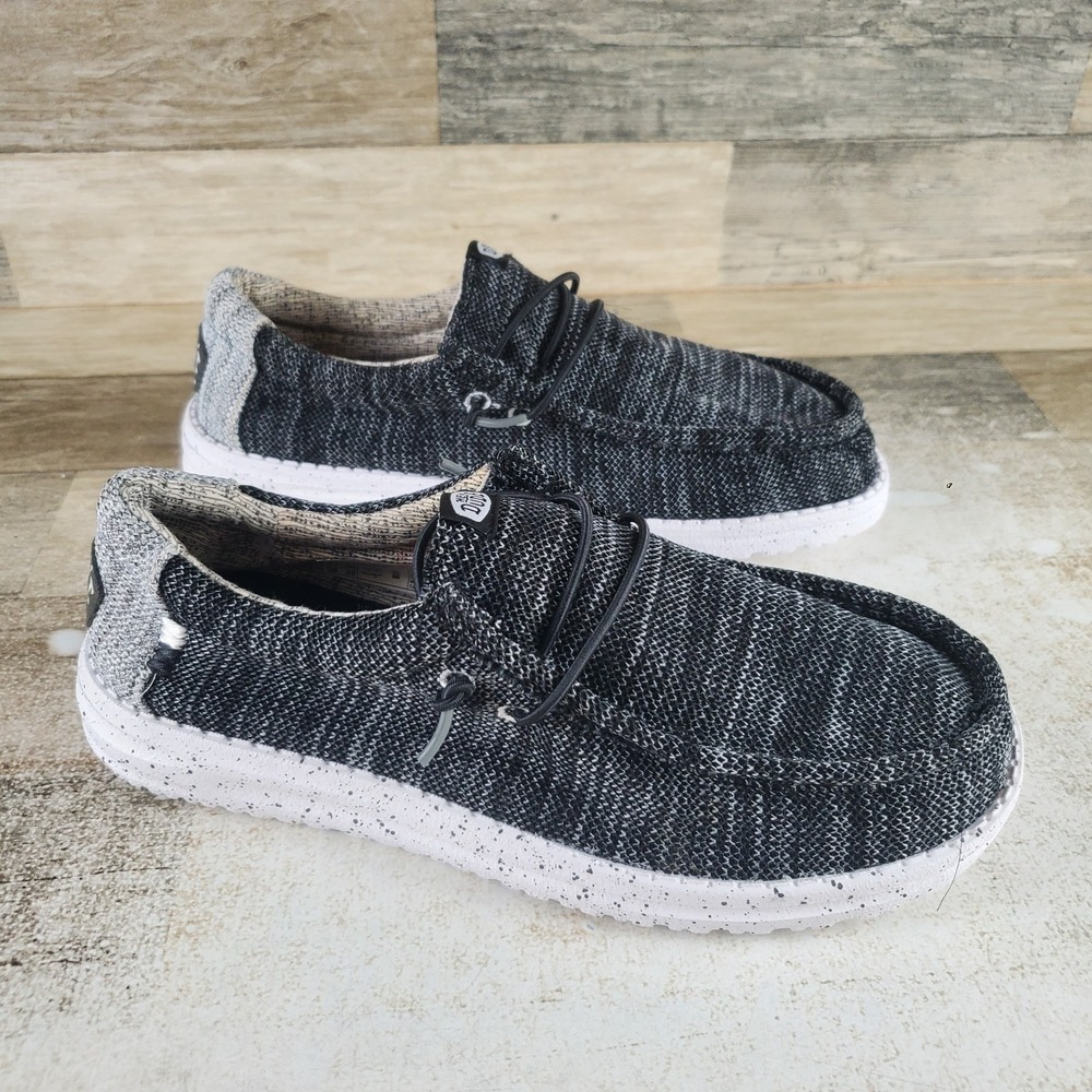Hey Dude Wally Stretch Mix Mens Loafers Shoes Sz 7 Black White Knit Slip-On